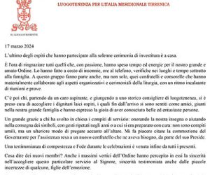 Ringraziamenti e commento del Luogotenente per l’Italia Meridionale Tirrenica, S.E. Cav. Gran Croce Giovanni Battista Rossi, sulla recente Investitura di Cavalieri e Dame.